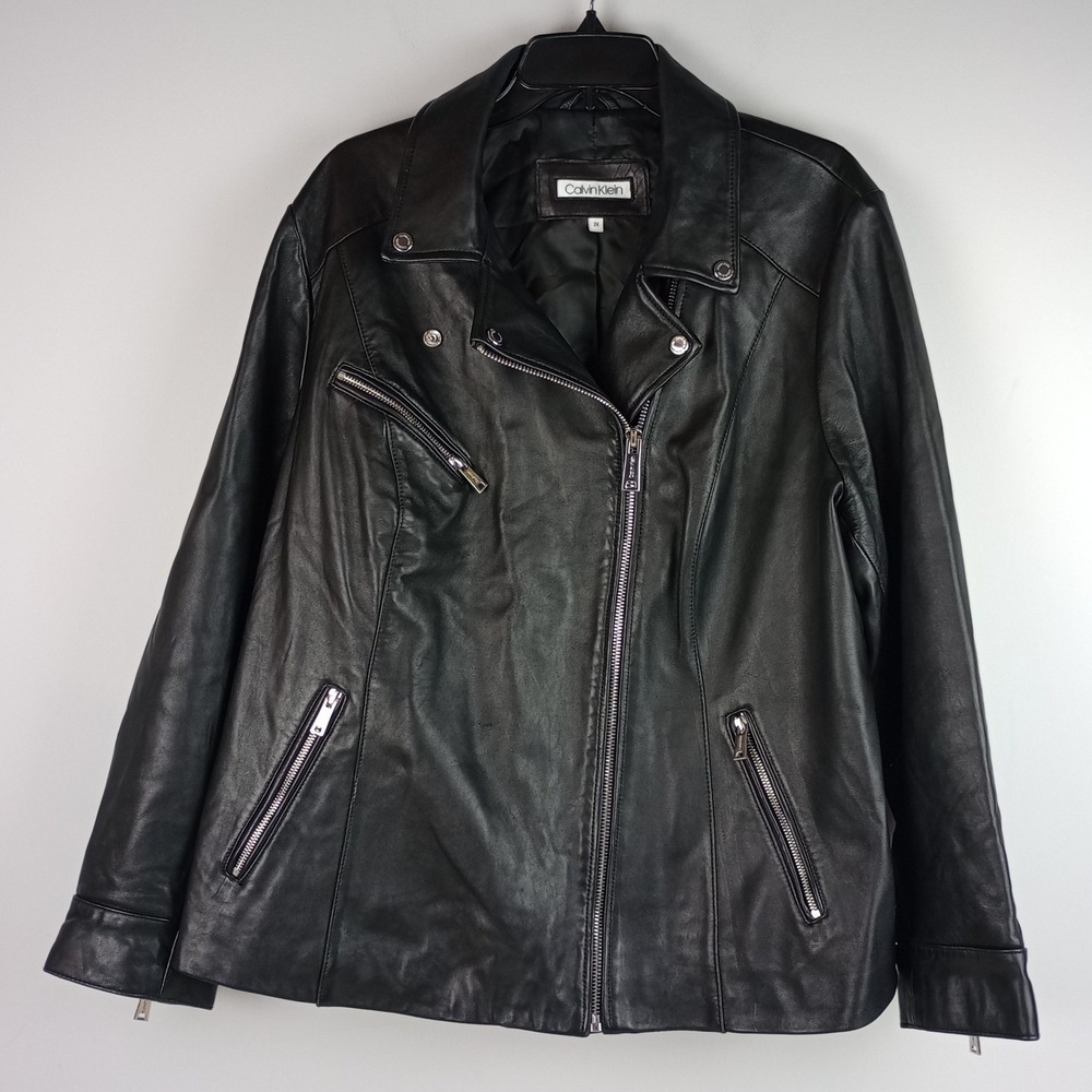 Calvin Klein Womens 2X Black Genuine Leather Asymmetric Zip Biker Moto Jacket